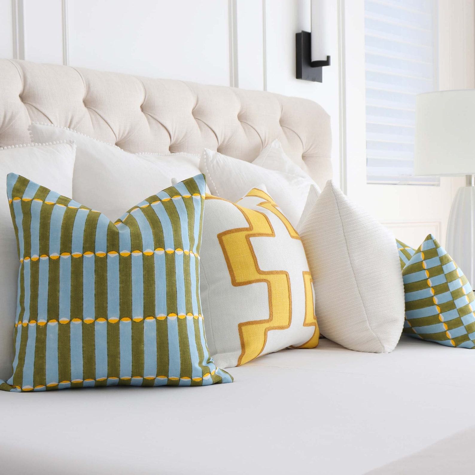 Schumacher Luna Khaki Turquoise Block Print Throw Pillow Cover with Gold Zipper for Couch, Molly Mahon Wood Block By Hand, Euro Sham Cases