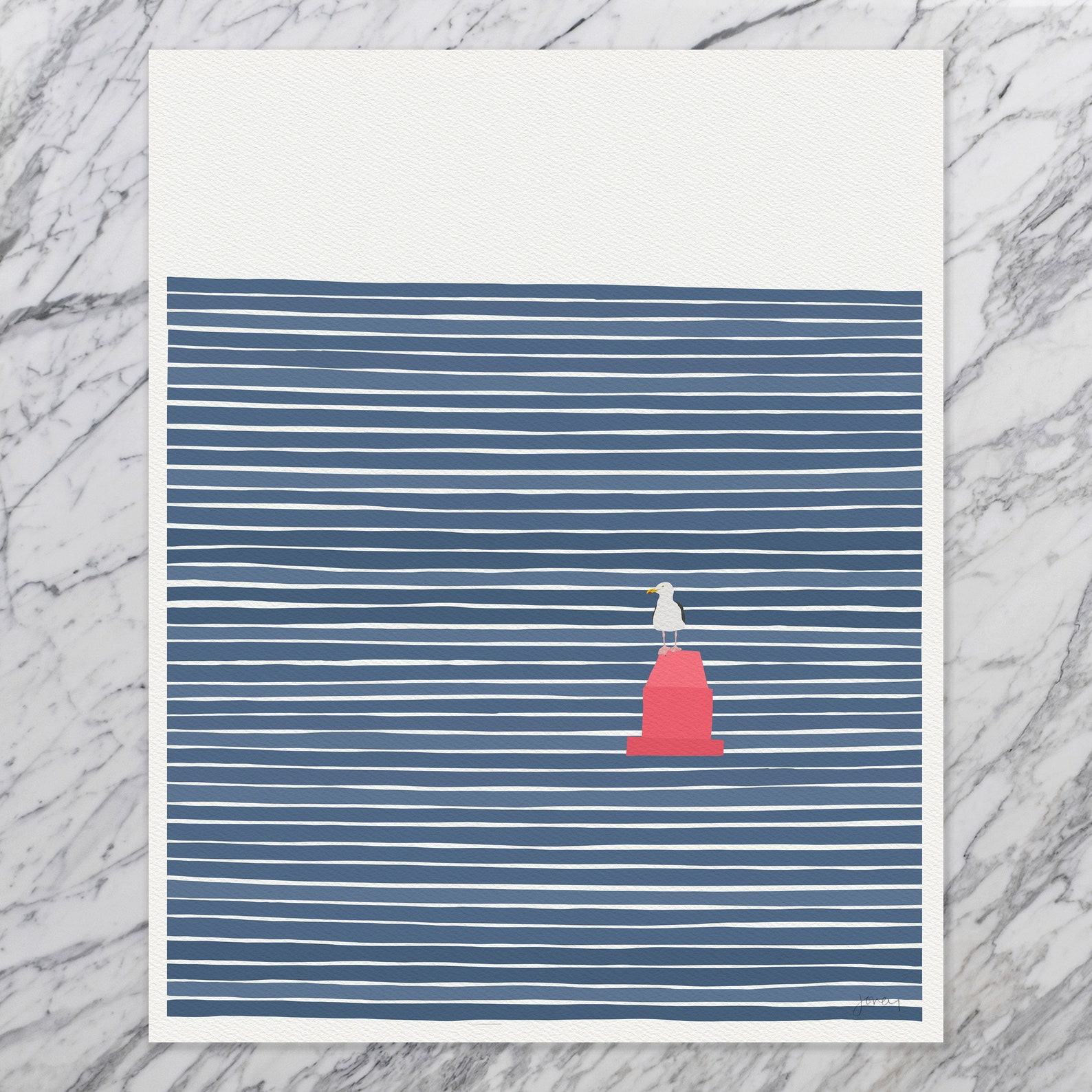 Seagull on a Red Buoy Art Print by Jorey Hurley – Signed and Printed – Unframed or Framed (230611)