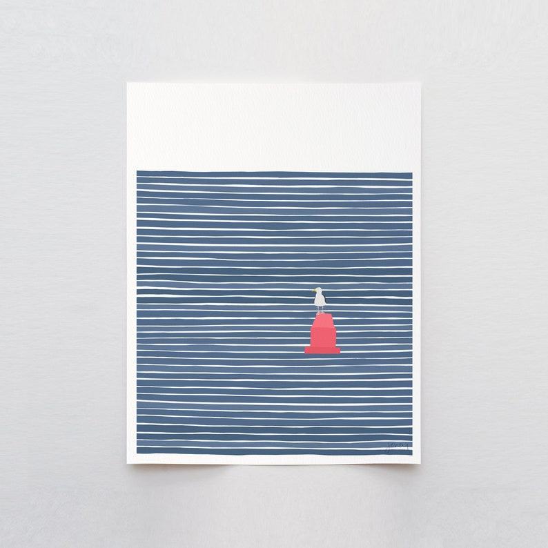 Seagull on a Red Buoy Art Print by Jorey Hurley – Signed and Printed – Unframed or Framed (230611)