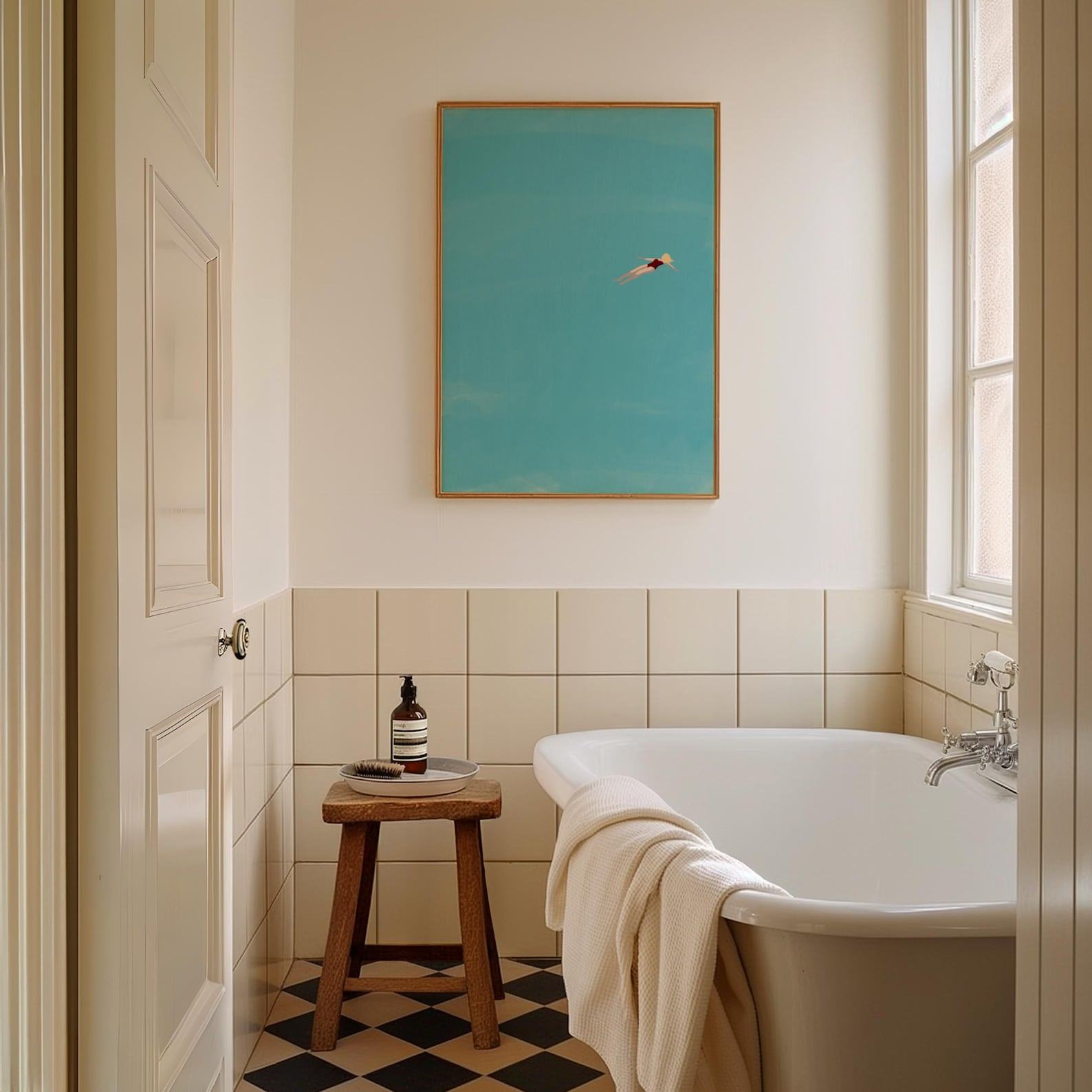 Serene Summer Escape Blonde Beauty Floating in Azure Pool | Minimalist Poolside Art for Beach House Bliss