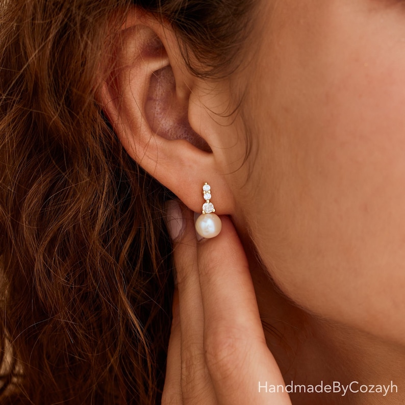 Shimmering Freshwater Pearl Drop Earrings with Diamond Accents A Bridal and Bridesmaid’s Dream