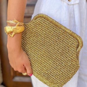 Shimmering Gold Raffia Clutch Elevate Your Summer Style with Luxury and Elegance