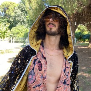 Shimmering Starry Night Velvet Rave Kimono with Sequin Hood for Burning Man and Festivals