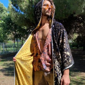 Shimmering Starry Night Velvet Rave Kimono with Sequin Hood for Burning Man and Festivals