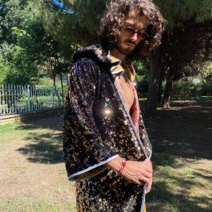 Shimmering Starry Night Velvet Rave Kimono with Sequin Hood for Burning Man and Festivals