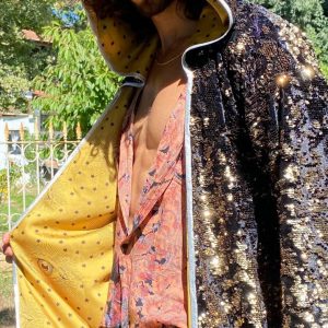 Shimmering Starry Night Velvet Rave Kimono with Sequin Hood for Burning Man and Festivals