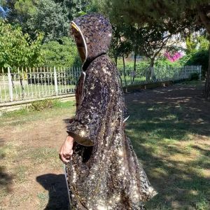 Shimmering Starry Night Velvet Rave Kimono with Sequin Hood for Burning Man and Festivals