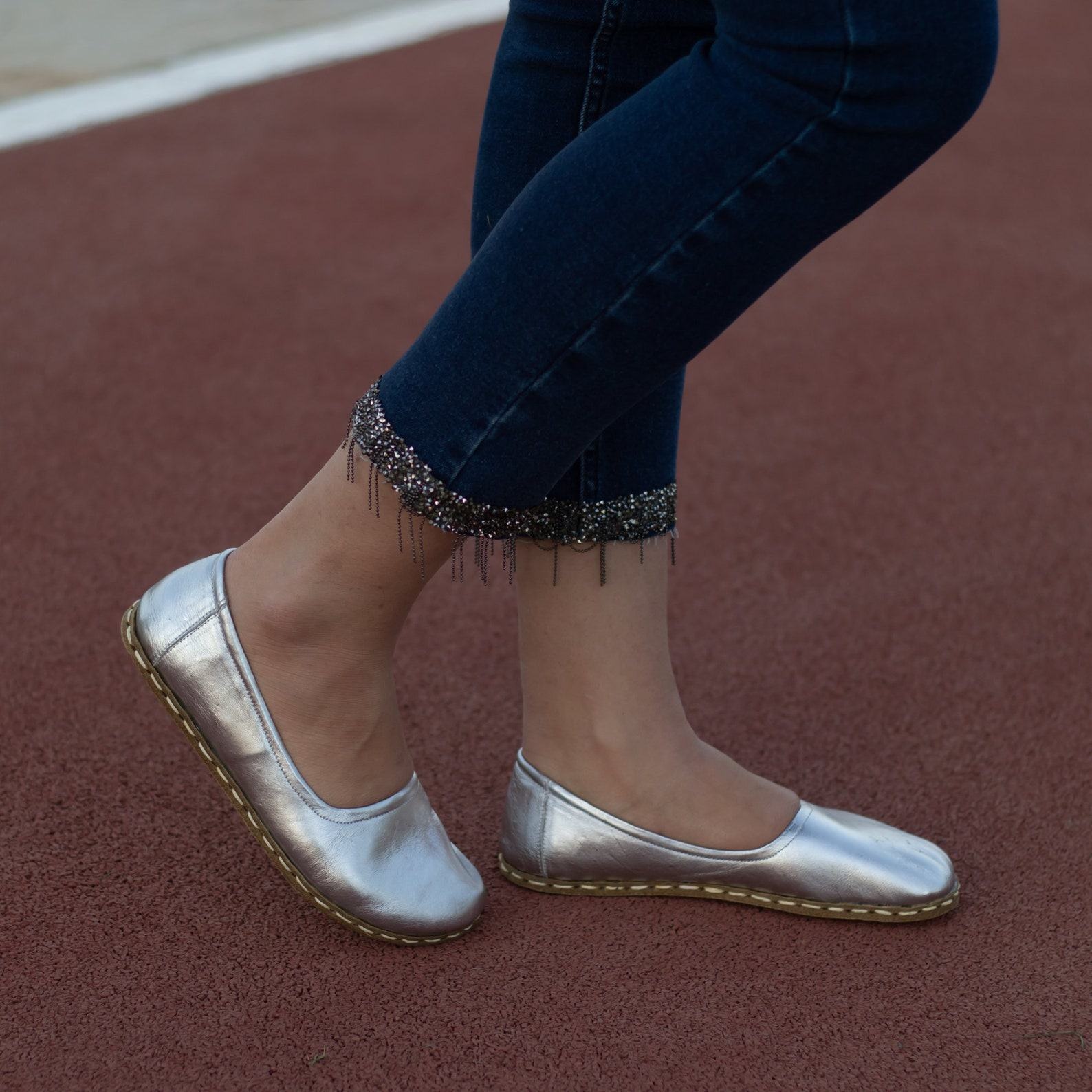 Silver Leather Grounding Shoes for Women | Barefoot Earthing Comfort