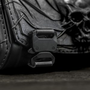 Skull-Emblazoned Leather Motorcycle Accessory Collection Fork Bag, Tool Bag, Front Bag, and Bar Bag