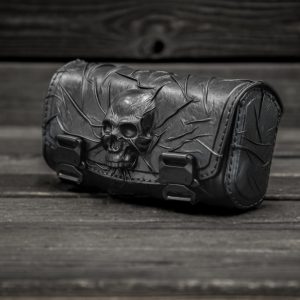 Skull-Emblazoned Leather Motorcycle Accessory Collection Fork Bag, Tool Bag, Front Bag, and Bar Bag