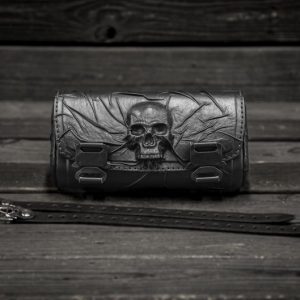 Skull-Emblazoned Leather Motorcycle Accessory Collection Fork Bag, Tool Bag, Front Bag, and Bar Bag