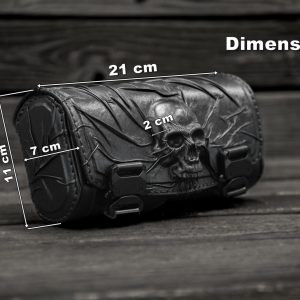 Skull-Emblazoned Leather Motorcycle Accessory Collection Fork Bag, Tool Bag, Front Bag, and Bar Bag