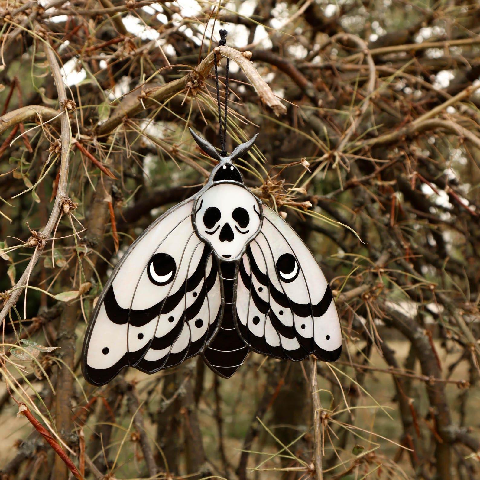 Skull Moth Suncatcher – Stained Glass Halloween Decor, Unique Fall Window Hanging