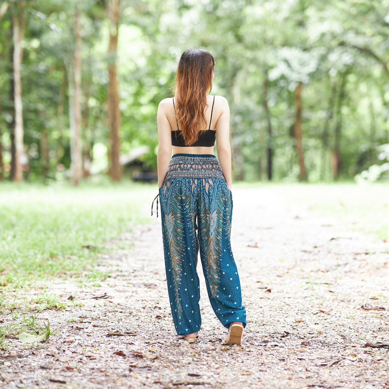Smocked Waist Boho Pants Hippie Bohemian Style Trousers for Yoga, Aladdin, and Thai Wear