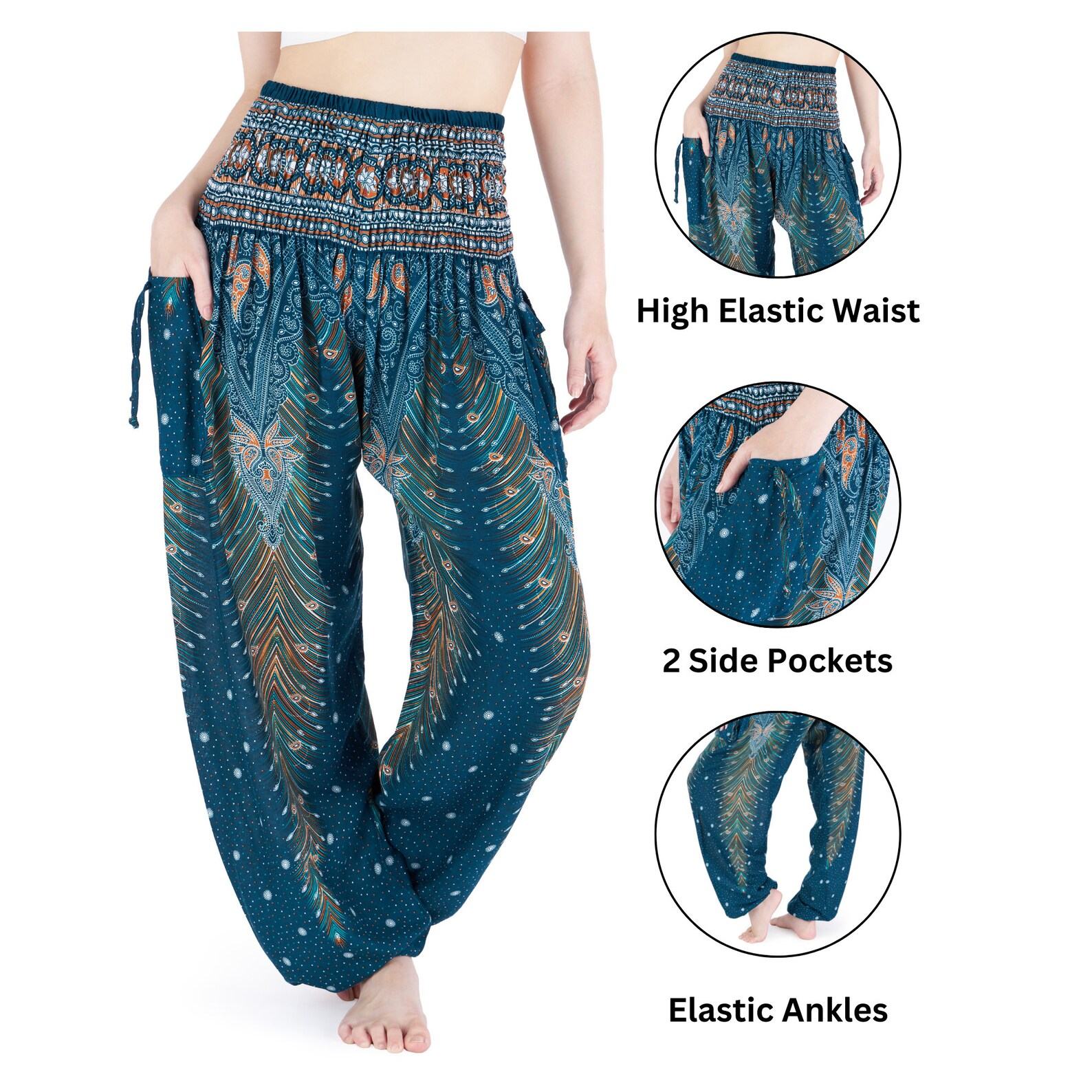 Smocked Waist Boho Pants Hippie Bohemian Style Trousers for Yoga, Aladdin, and Thai Wear
