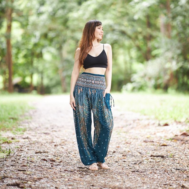 Smocked Waist Boho Pants Hippie Bohemian Style Trousers for Yoga, Aladdin, and Thai Wear