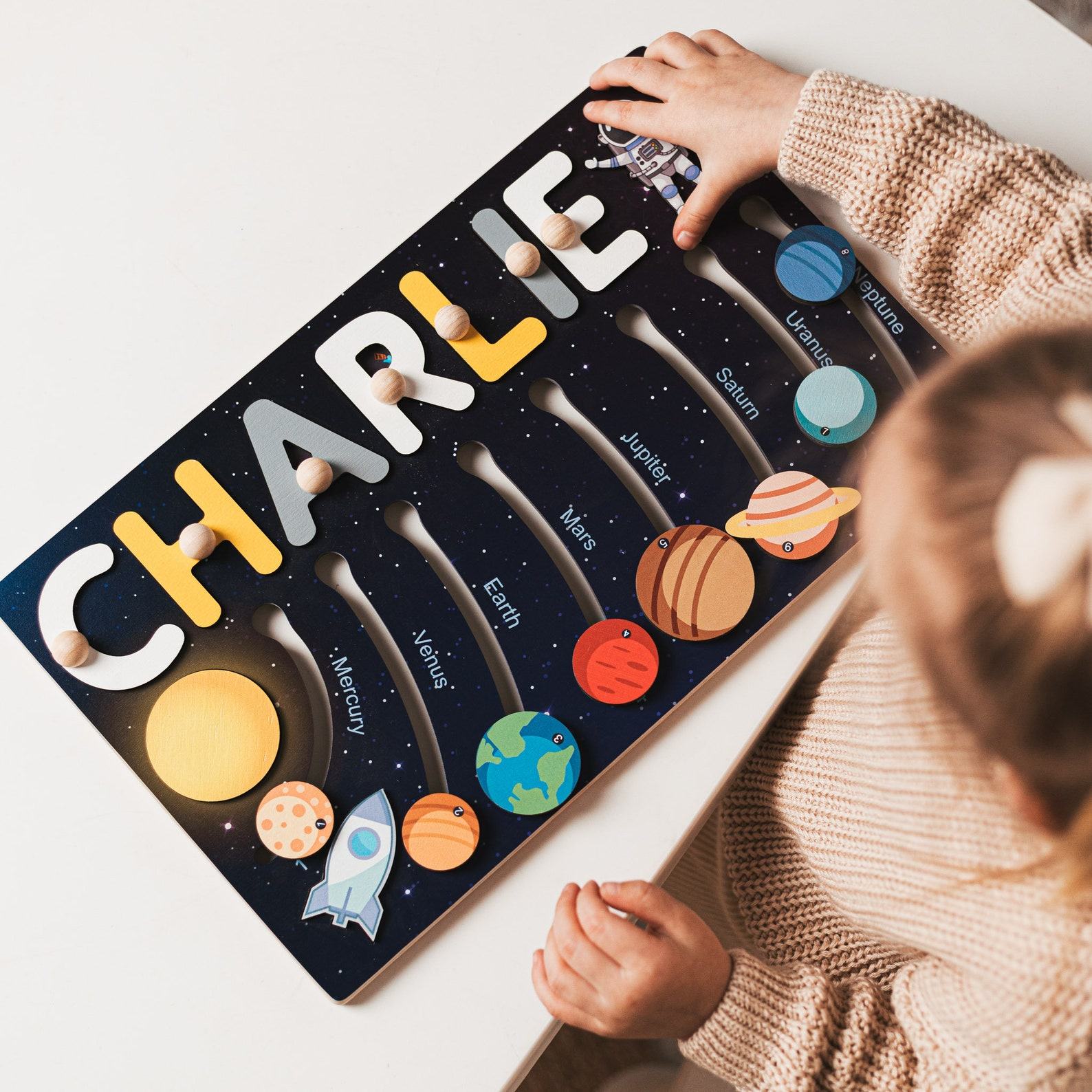 Solar System Busy Board  Personalized Wooden Planet Puzzle – Montessori Toy for Toddlers 1-3