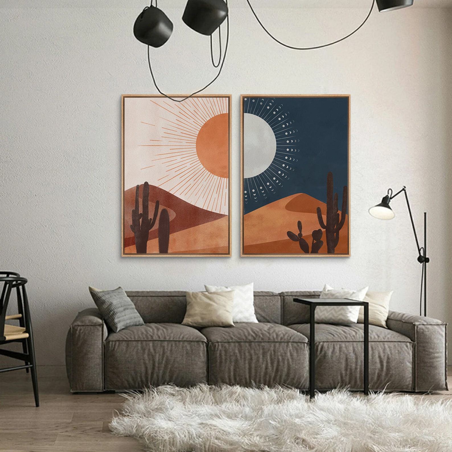 Southwest Serenity Framed Canvas Wall Art Set of 2 – Desert Landscape with Sun, Moon, Cactus, and Joshua Tree