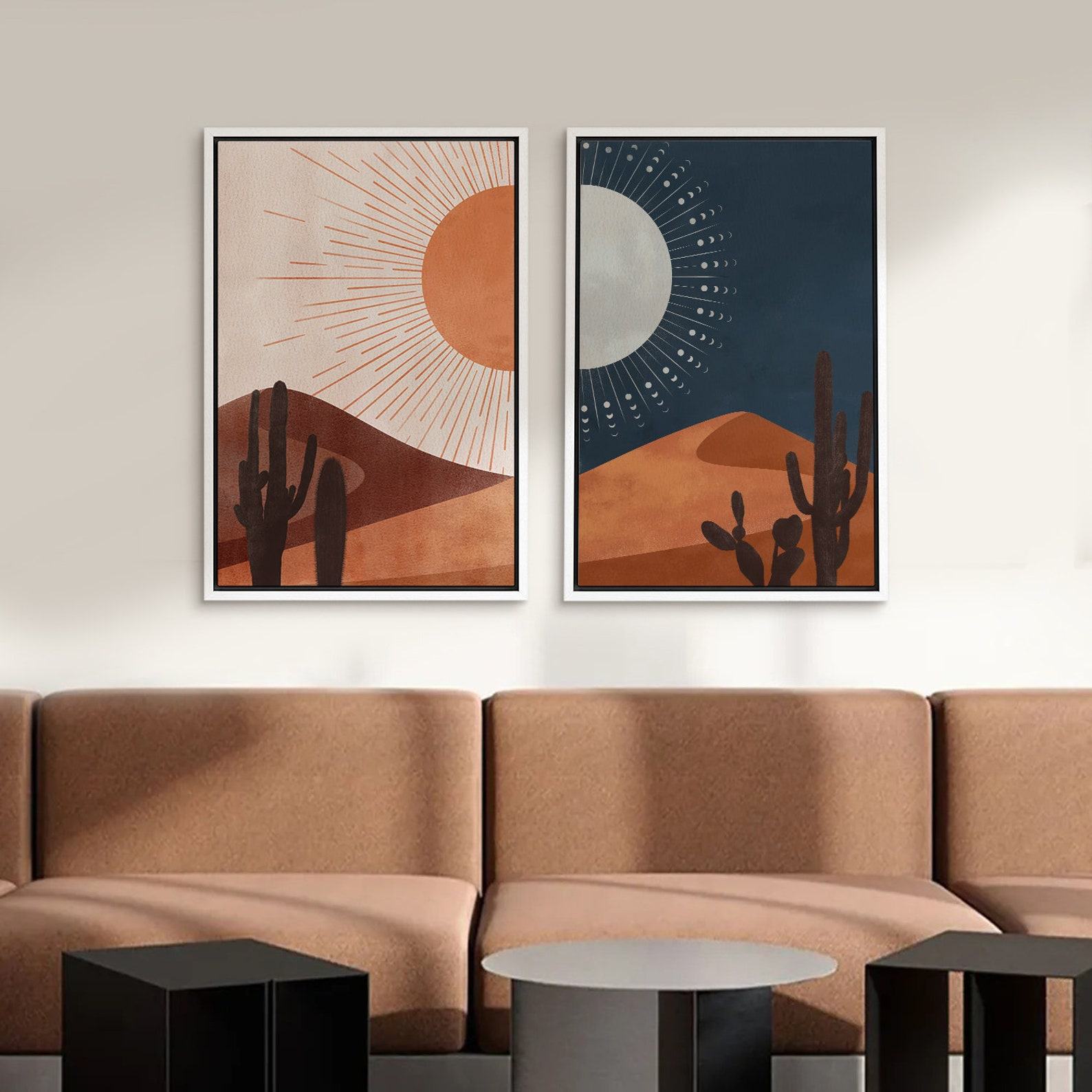 Southwest Serenity Framed Canvas Wall Art Set of 2 – Desert Landscape with Sun, Moon, Cactus, and Joshua Tree
