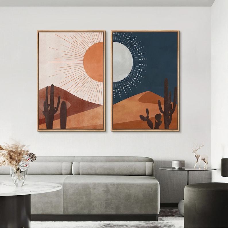 Southwest Serenity Framed Canvas Wall Art Set of 2 – Desert Landscape with Sun, Moon, Cactus, and Joshua Tree