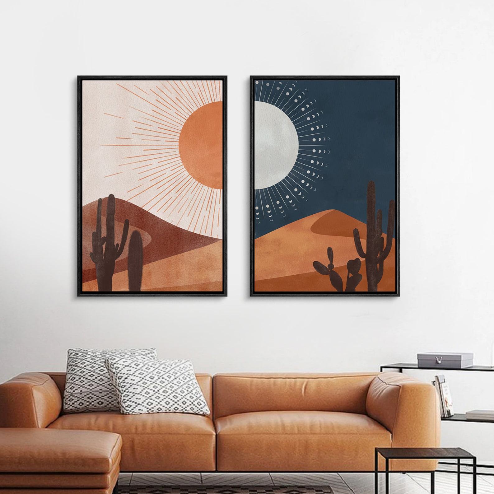 Southwest Serenity Framed Canvas Wall Art Set of 2 – Desert Landscape with Sun, Moon, Cactus, and Joshua Tree