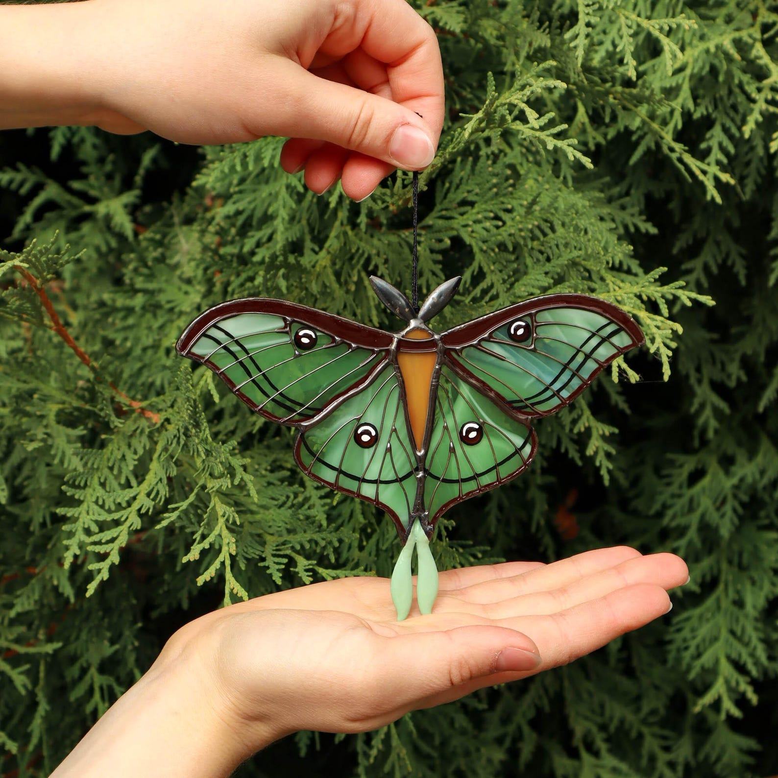 Spanish Luna Moth Suncatcher – Stained Glass Butterfly Window Hanging – Halloween & Fall Decor – Handmade Garden Art Present