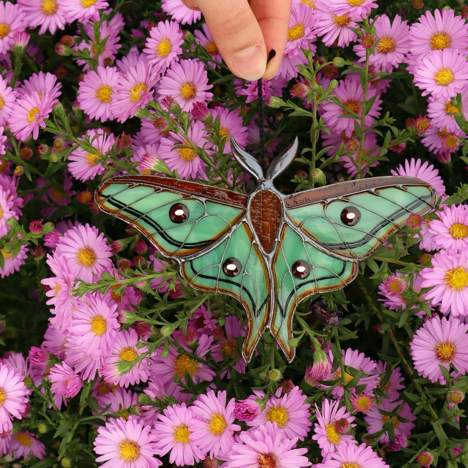 Spanish Moon Moth Suncatcher – Stained Glass Halloween & Fall Decor – Handmade Garden Art Window Hanging