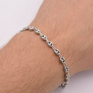 Sparkling 4.5mm Puffed Anchor Mariner Ankle Bracelet 14K White Gold Clad Silver 925