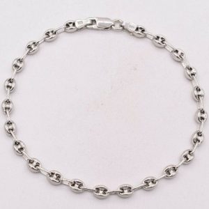 Sparkling 4.5mm Puffed Anchor Mariner Ankle Bracelet 14K White Gold Clad Silver 925