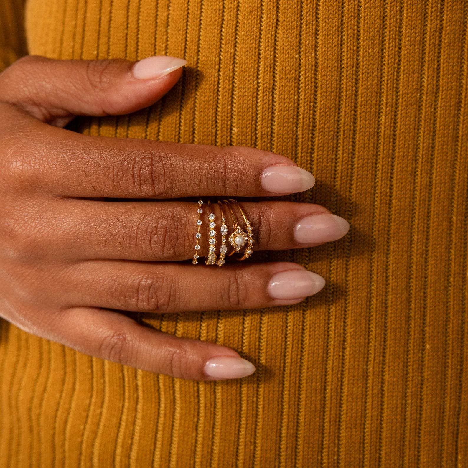 Sparkling Elegance Caitlyn’s Pearl Diamond Stacking Rings for a Timeless Touch