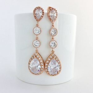 Sparkling Elegance Elongated Rose Gold Crystal Earrings for Bridal and Bridesmaid Adornment