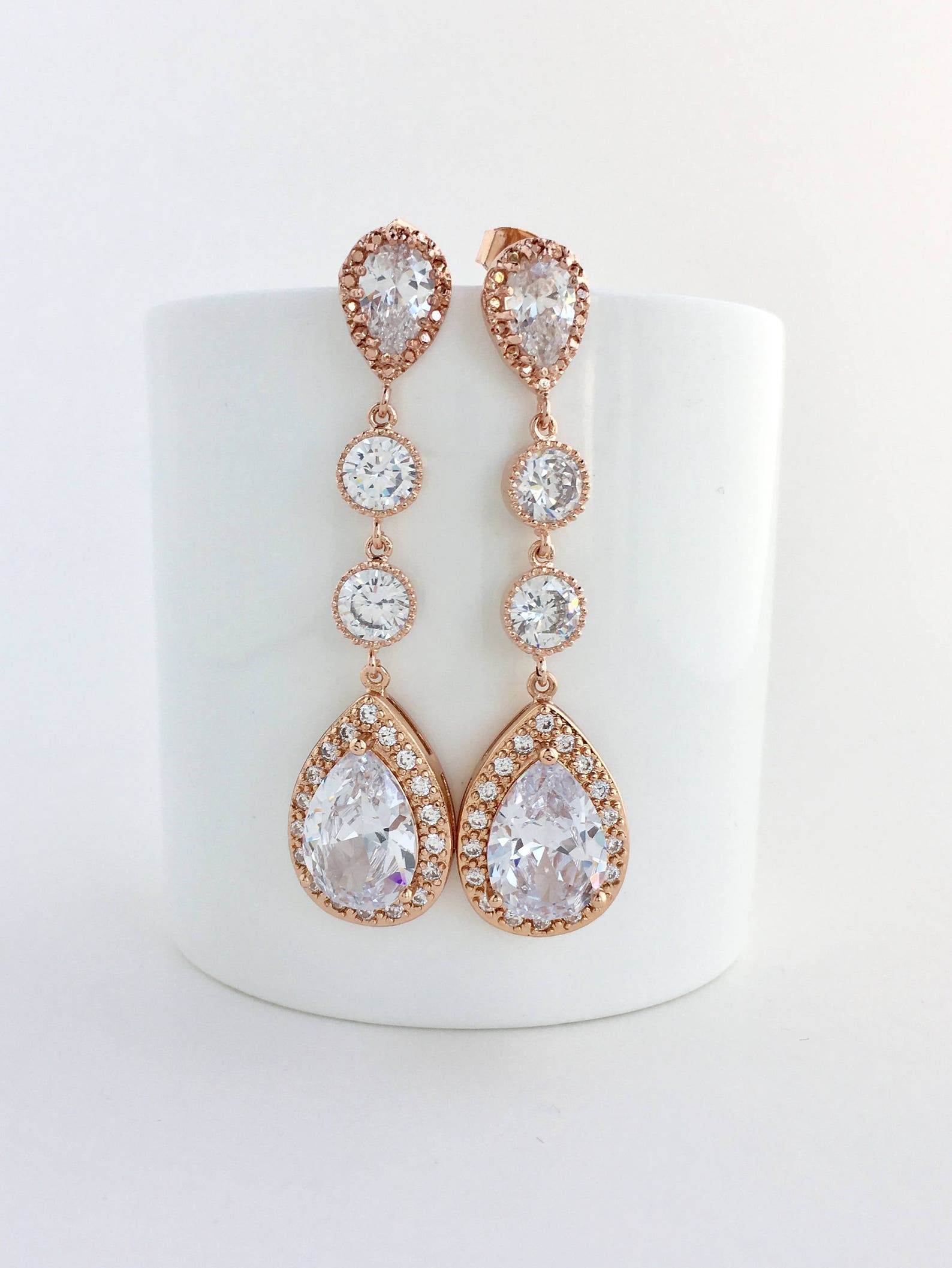 Sparkling Elegance Elongated Rose Gold Crystal Earrings for Bridal and Bridesmaid Adornment - Image 2