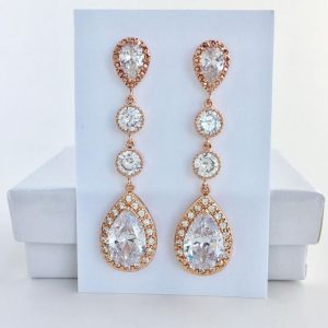Sparkling Elegance Elongated Rose Gold Crystal Earrings for Bridal and Bridesmaid Adornment