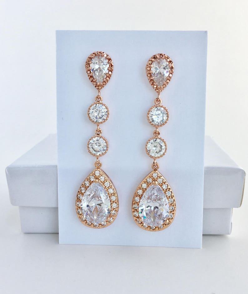 Sparkling Elegance Elongated Rose Gold Crystal Earrings for Bridal and Bridesmaid Adornment