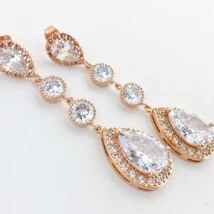 Sparkling Elegance Elongated Rose Gold Crystal Earrings for Bridal and Bridesmaid Adornment