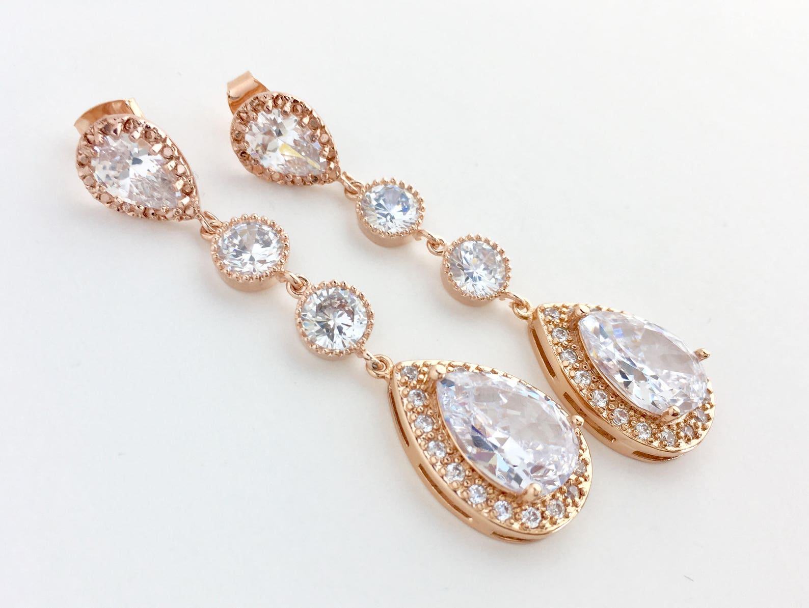 Sparkling Elegance Elongated Rose Gold Crystal Earrings for Bridal and Bridesmaid Adornment - Image 3