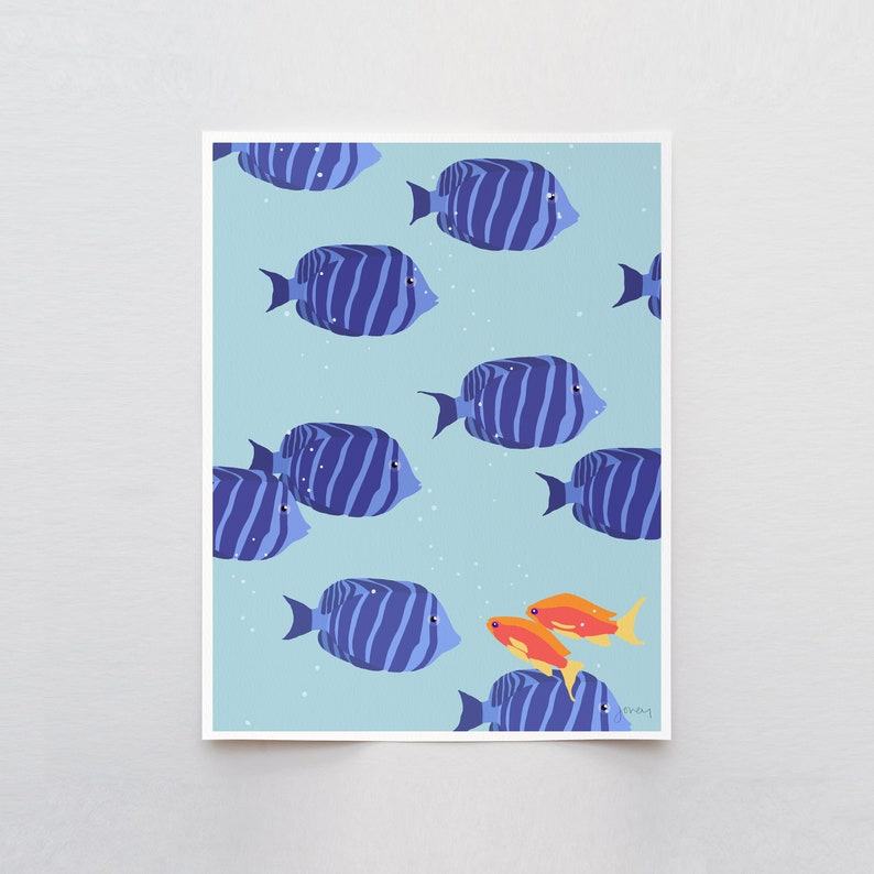 Striped Blue Fish Art Print Signed and Printed by Jorey Hurley – Unframed or Framed (240211)