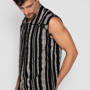 Striped Boho Beach Shirt Psychedelic Tribal Vest for Men, Festival Cotton Psy Trance Goa
