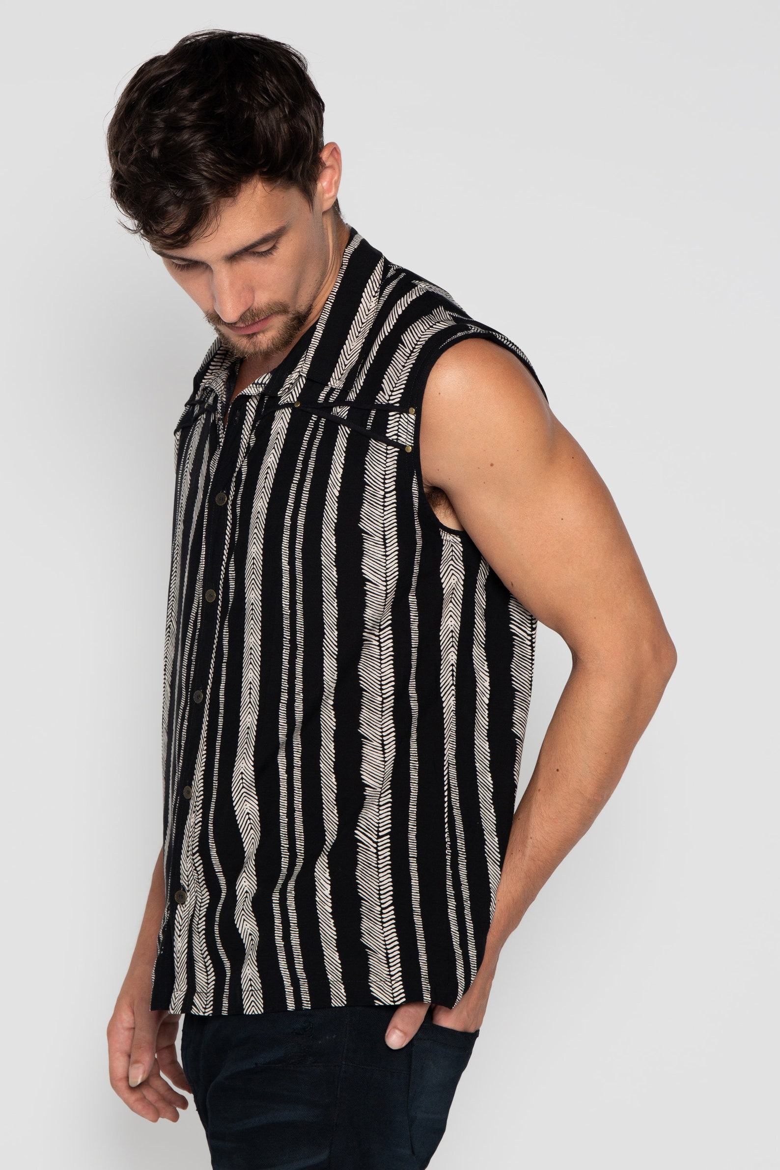 Striped Boho Beach Shirt Psychedelic Tribal Vest for Men, Festival Cotton Psy Trance Goa - Image 6