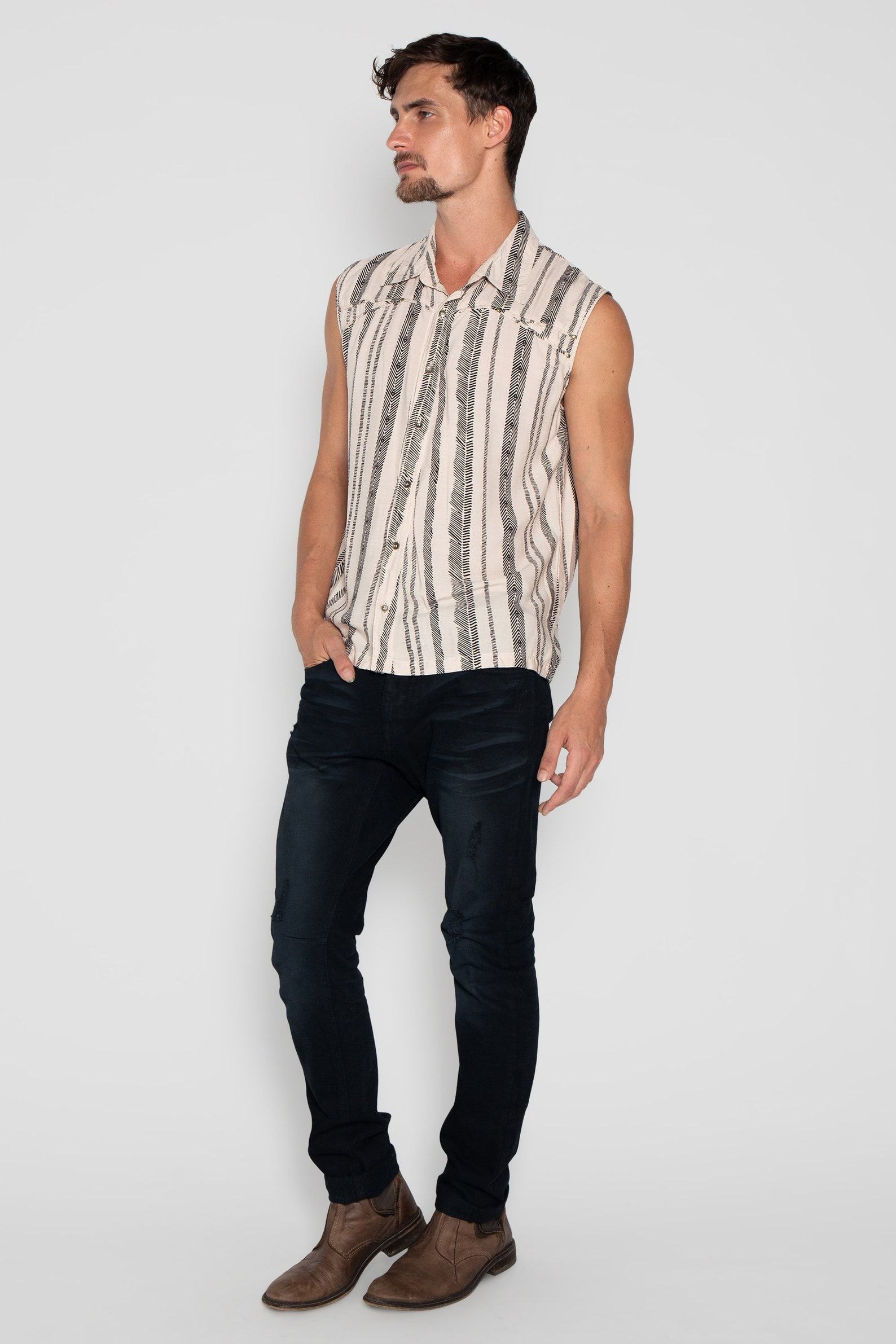 Striped Boho Beach Shirt Psychedelic Tribal Vest for Men, Festival Cotton Psy Trance Goa - Image 5