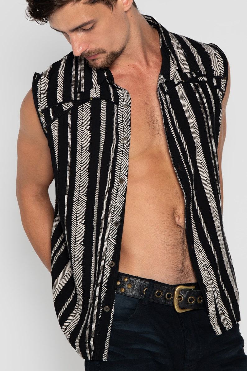 Striped Boho Beach Shirt Psychedelic Tribal Vest for Men, Festival Cotton Psy Trance Goa