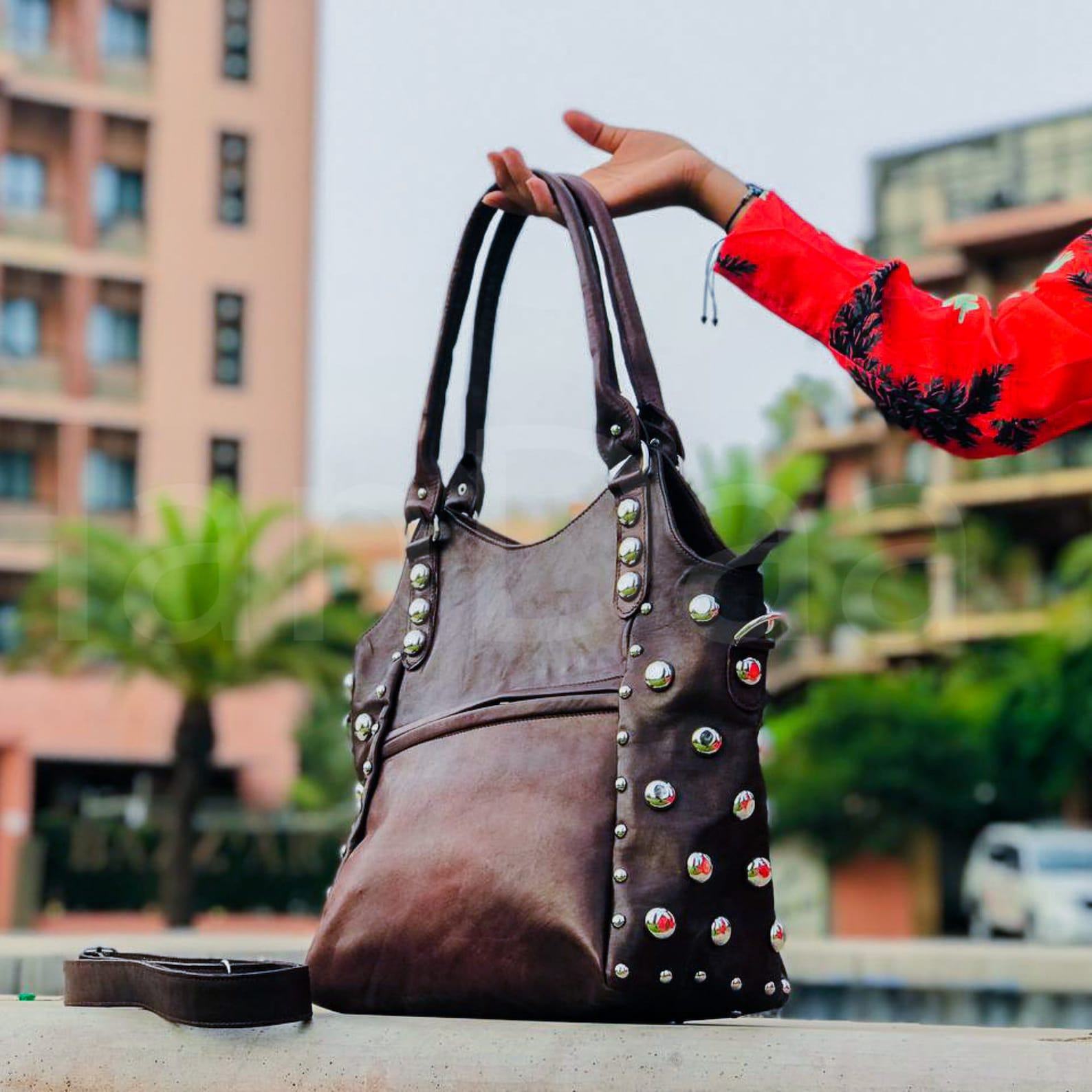 Studded Leather Handbag Personalized Tote with Rivets, a Unique Item for Her