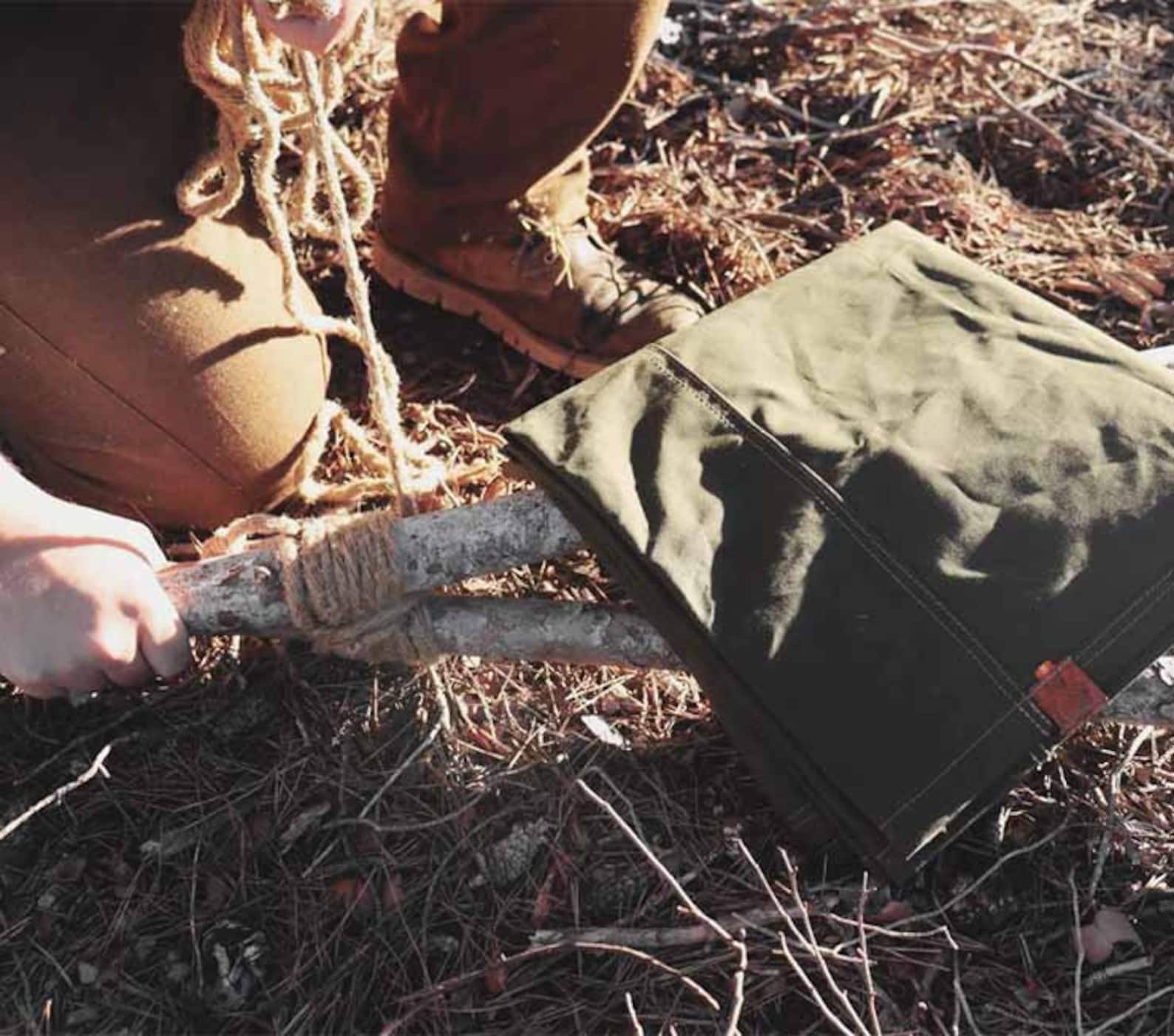 Sturdy 8oz Cotton Canvas Bushcraft Tripod Chair Multipurpose Ground Cloth, Hammock Chair, and Wood Carrier - Image 6