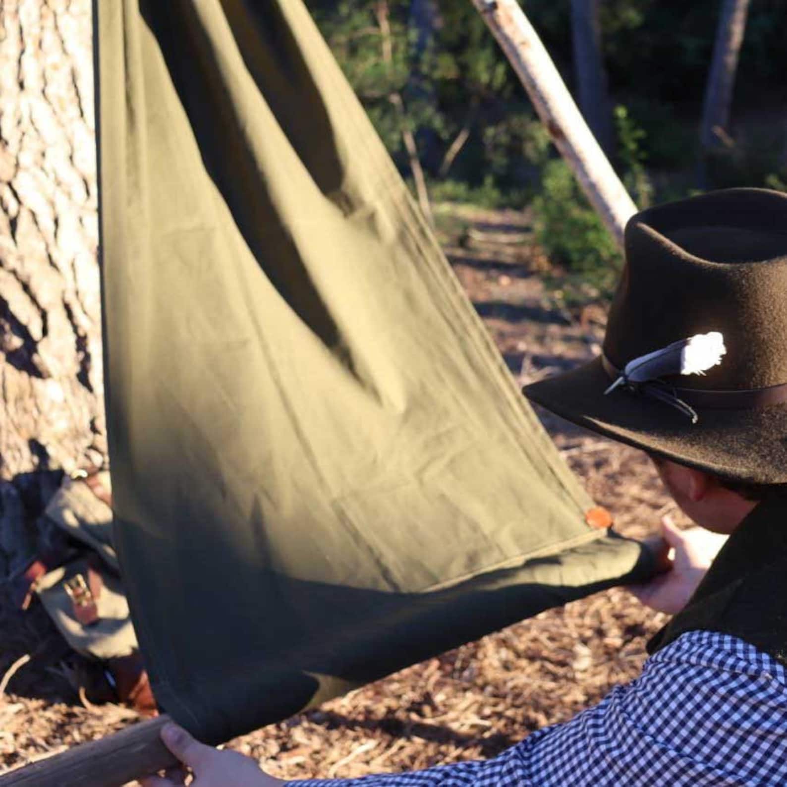 Sturdy 8oz Cotton Canvas Bushcraft Tripod Chair Multipurpose Ground Cloth, Hammock Chair, and Wood Carrier