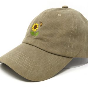 Sunflower Bee Embroidered Summer Baseball Cap Washed Cotton Curve Brim Hat