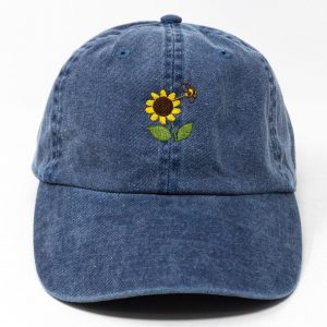 Sunflower Bee Embroidered Summer Baseball Cap Washed Cotton Curve Brim Hat