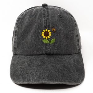 Sunflower Bee Embroidered Summer Baseball Cap Washed Cotton Curve Brim Hat
