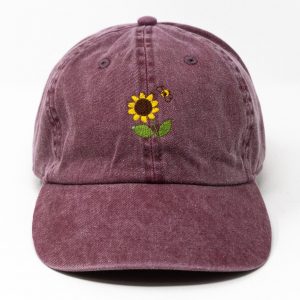 Sunflower Bee Embroidered Summer Baseball Cap Washed Cotton Curve Brim Hat