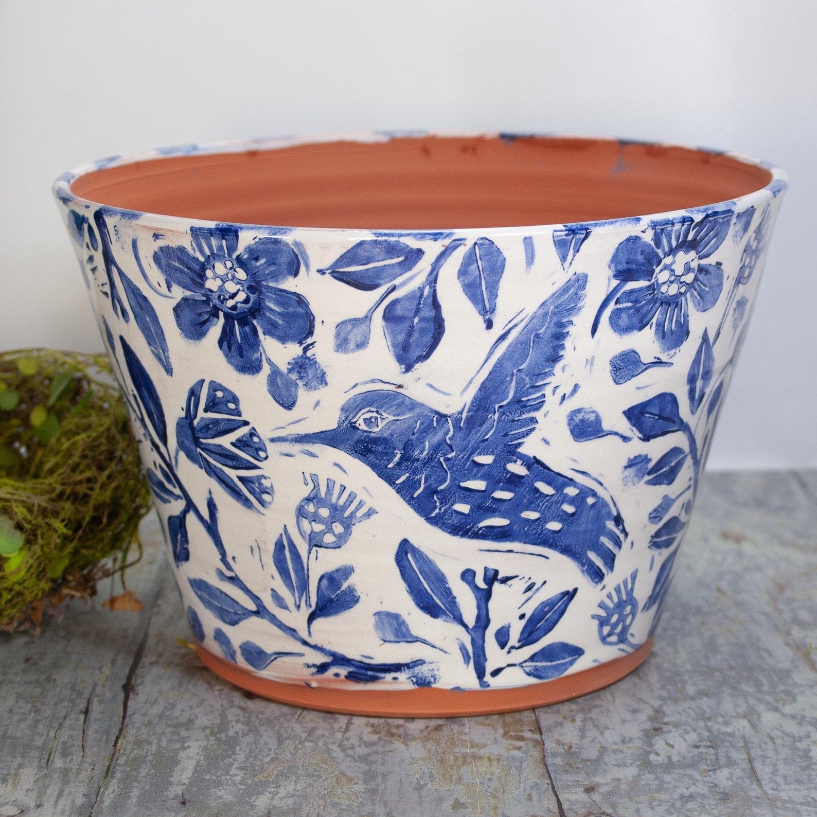 Terra Cotta Hummingbird Haven Handmade Planter with Blue and White Charm
