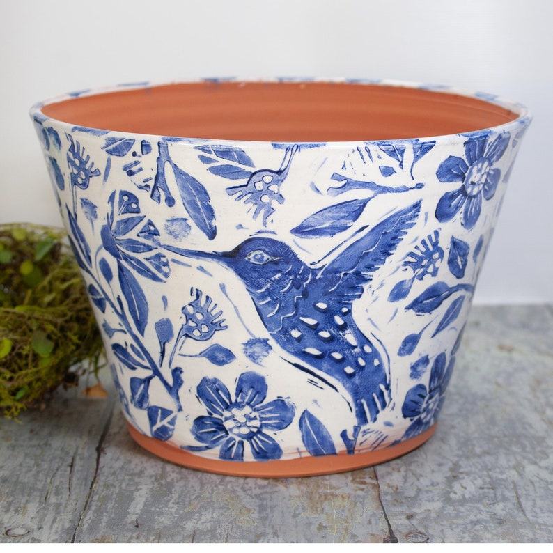 Terra Cotta Hummingbird Haven Handmade Planter with Blue and White Charm